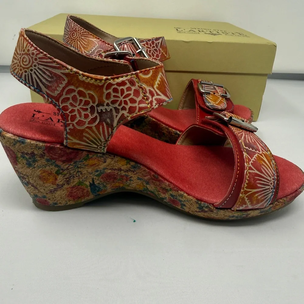 Spring Step L'Artiste Tanaquil Red Leather Wedge Sandals Floral Size 37 6.5-7